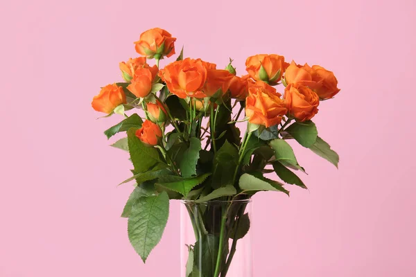 Bouquet Beautiful Orange Roses Pink Background — Stock Photo, Image