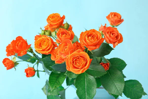 Bouquet Beautiful Orange Roses Blue Background — Stock Photo, Image