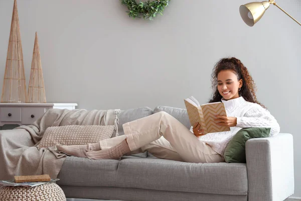 Pretty Young Woman Reading Interesting Book Home — Stock Photo, Image