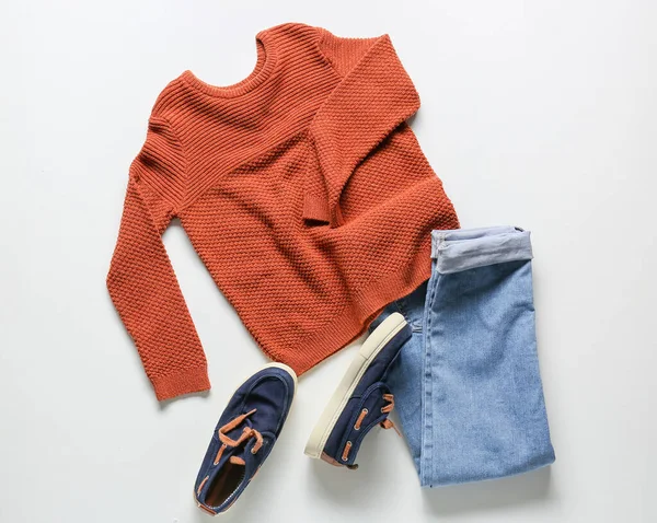 Children Sweater Jeans Shoes White Background — 图库照片