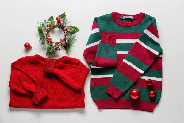 Stylish Children Clothes Christmas Decor White Background — Stock Photo, Image