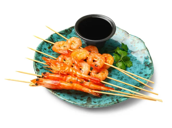Plate Grilled Shrimp Skewers Sauce White Background — Fotografia de Stock