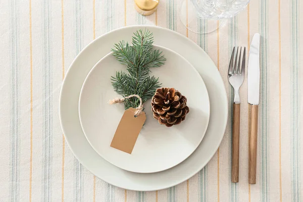 Table Setting Pine Cone Blank Tag Fir Branch Top View — Stock Photo, Image