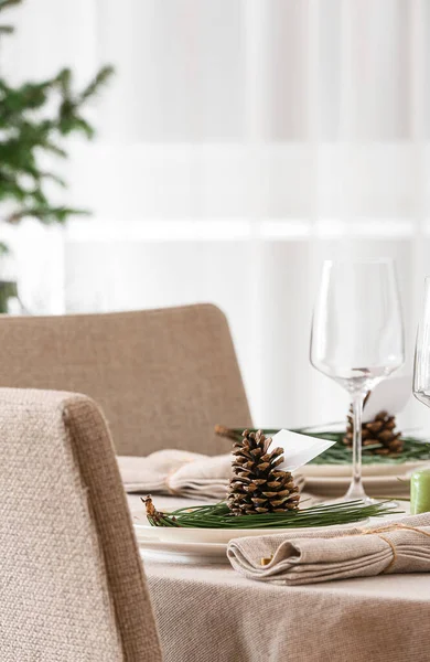 Beautiful Table Setting Pine Cones Fir Branches Indoors — Foto Stock