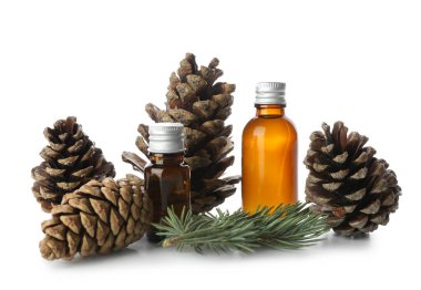 Beyaz zemin üzerinde gerekli yağ ve kozalak şişeleri