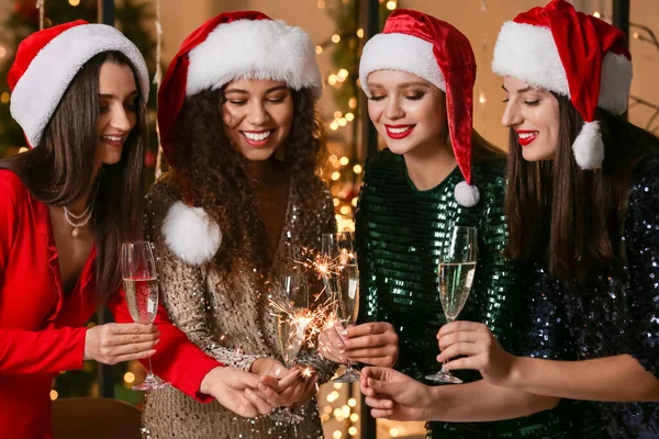 Beautiful Young Women Sparklers Glasses Champagne Celebrating Christmas Home — Stock Photo, Image
