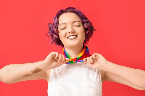 Young Woman Rainbow Neckerchief Red Background Lgbt Concept — Stockfoto