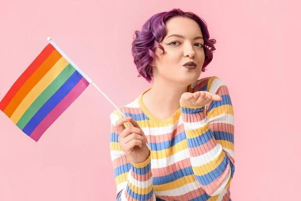 Young Woman Lgbt Flag Blowing Kiss Pink Background — Foto Stock