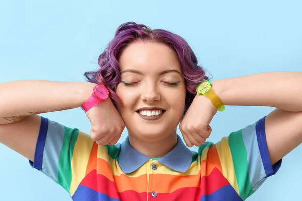 Young Woman Rainbow Clothes Blue Background Lgbt Concept — Stockfoto