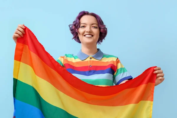 Young Woman Lgbt Flag Blue Background — Stockfoto