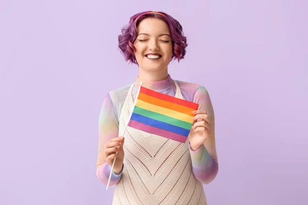 Retrato Jovem Com Bandeira Lgbt Sobre Fundo Cor — Fotografia de Stock