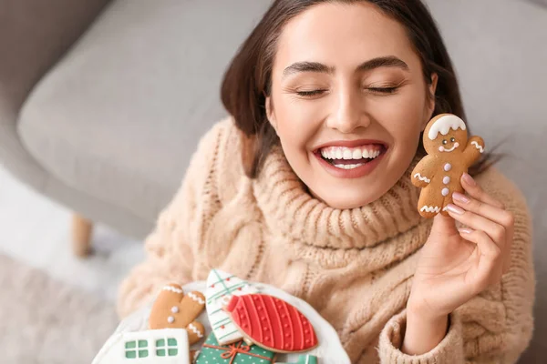 Happy Young Woman Holding Plate Tasty Gingerbread Cookies Home Closeup — Stock Photo, Image