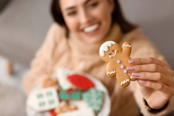 Young Woman Tasty Gingerbread Cookie Home Closeup — Stock Photo, Image