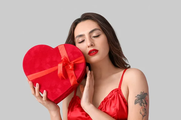 Sexy Young Woman Underwear Gift Grey Background Valentine Day Celebration — 图库照片