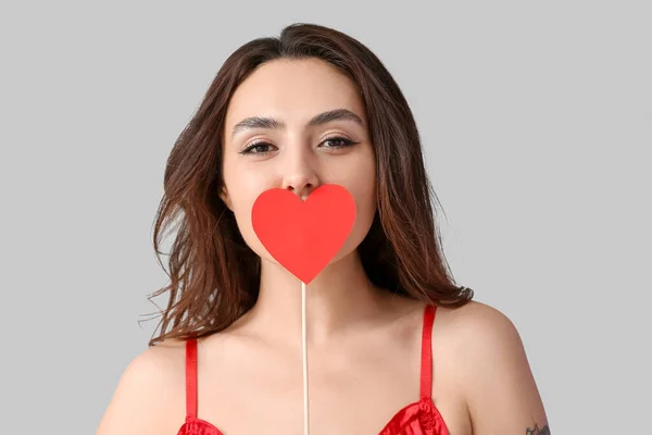 Sexy Young Woman Party Decor Grey Background Valentine Day Celebration — Fotografia de Stock