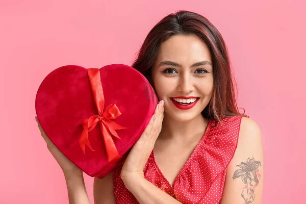 Beautiful Young Woman Gift Color Background Valentine Day Celebration — 图库照片