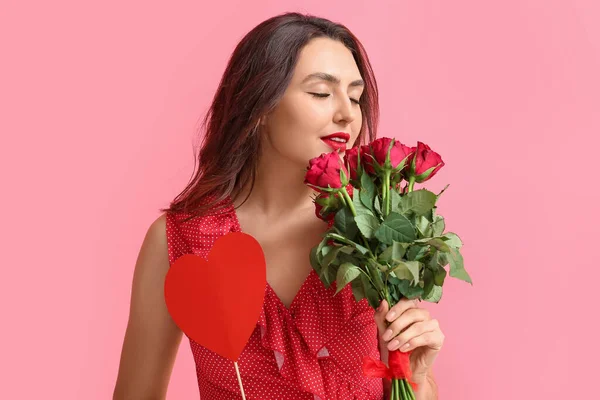 Beautiful Young Woman Red Heart Flowers Color Background Valentine Day — Stock Photo, Image