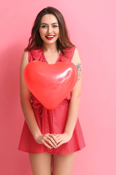 Beautiful Young Woman Balloon Color Background Valentine Day Celebration — Stock Photo, Image