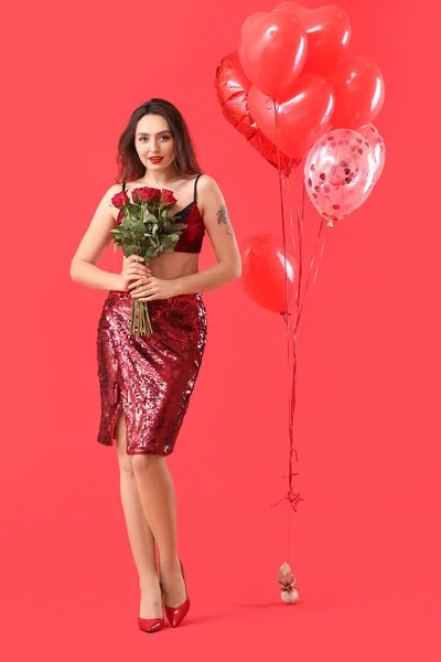 Sexy Young Woman Balloons Flowers Color Background Valentine Day Celebration — 图库照片