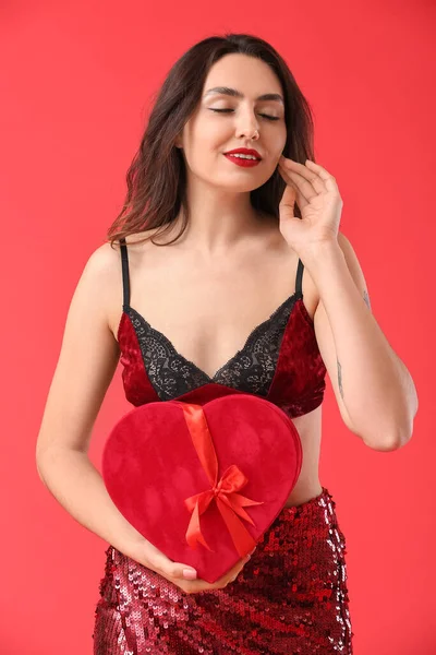 Sexy Young Woman Gift Color Background Valentine Day Celebration — 图库照片