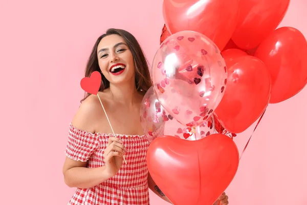 Beautiful Young Woman Balloons Color Background Valentine Day Celebration — Zdjęcie stockowe
