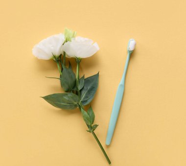 Yapıştırıcılı diş fırçası ve bej arkaplanda çiçekler