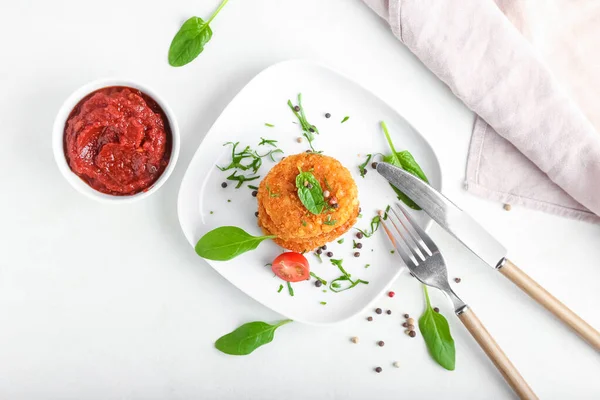 Plate Tasty Lentil Cutlets Light Background — стоковое фото