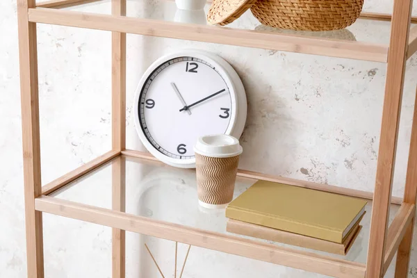 Wooden Bookcase Clock Cup Coffee Light Wall — Stock Photo, Image