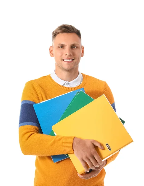 Jovem Com Pastas Fundo Branco — Fotografia de Stock