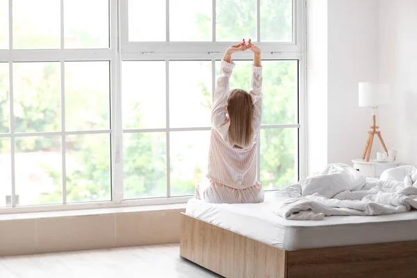 Morning Beautiful Woman Stretching Bed — Stock Photo, Image