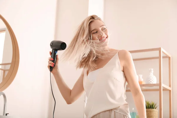 Pretty Young Woman Blow Drying Her Hair Bathroom — 图库照片
