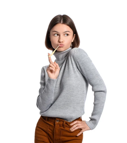 Funny Young Woman Chewing Gum White Background — Stock Photo, Image