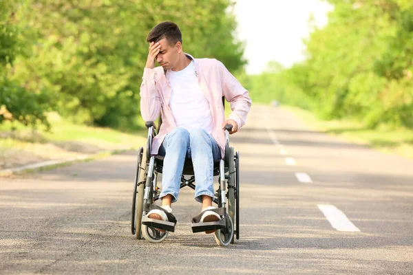 Depressed Young Man Wheelchair Outdoors — Stock Photo, Image