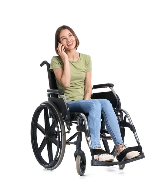 Young Woman Wheelchair Talking Phone White Background — Zdjęcie stockowe