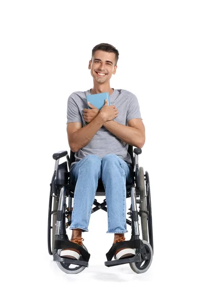 Young Man Wheelchair Book White Background — стоковое фото