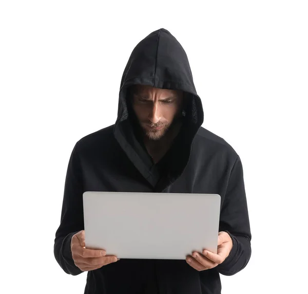 Hacker Met Laptop Witte Achtergrond — Stockfoto