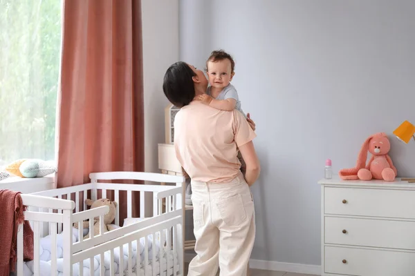 Young Mother Holding Her Little Baby Bedroom — Stock Photo, Image