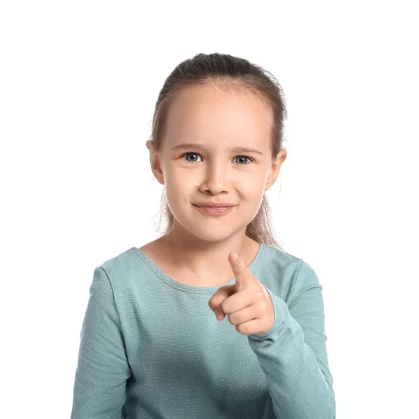 Cute Little Girl Pointing Viewer White Background — Stock Photo, Image