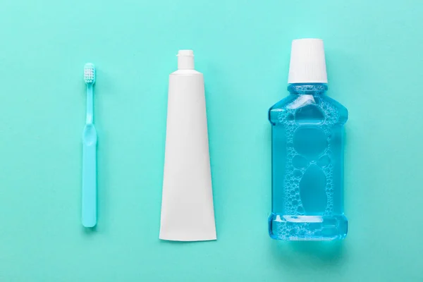 Tube Tooth Paste Brush Mouthwash Color Background — Stock Photo, Image