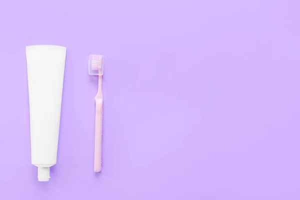 Tube Tooth Paste Brush Purple Background — Stock Photo, Image