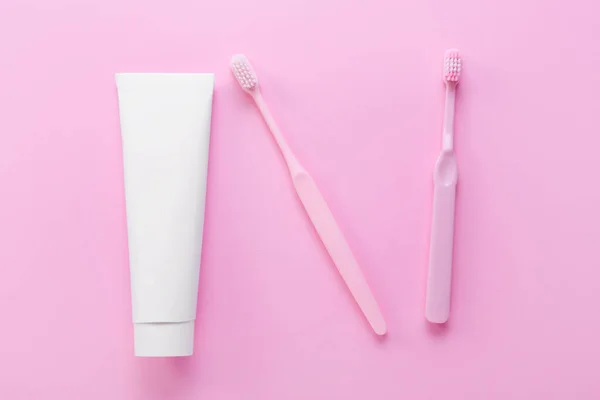 Tube Tooth Paste Brushes Pink Background — Stock Photo, Image