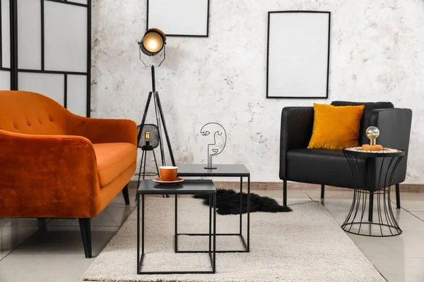 Interior Stylish Living Room Red Sofa Armchair Coffee Tables — Stock Fotó