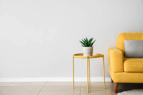 Coffee Table Houseplant Yellow Armchair Light Wall — 图库照片