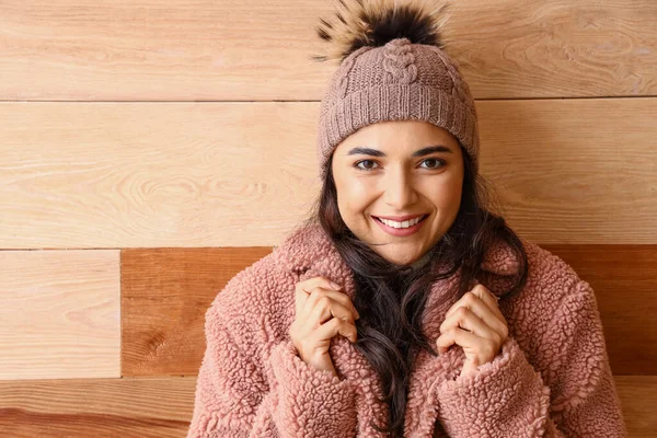 Beautiful Woman Winter Clothes Wooden Background — Stock Photo, Image