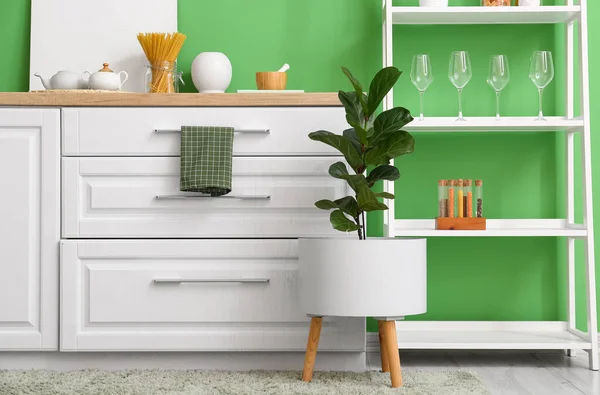 Interior Stylish Kitchen White Counter Shelving Unit Green Wall — Stock Photo, Image
