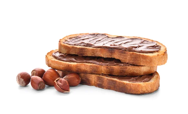 Bread Chocolate Paste Hazelnuts White Background — Stock Photo, Image