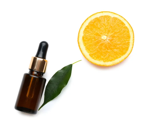 Bottle Essential Oil Fresh Cut Orange White Background — Stock Photo, Image
