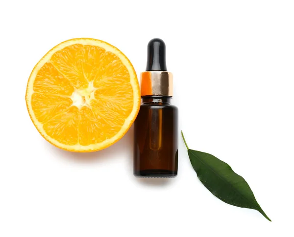 Bottle Essential Oil Fresh Cut Orange White Background — Stock Photo, Image