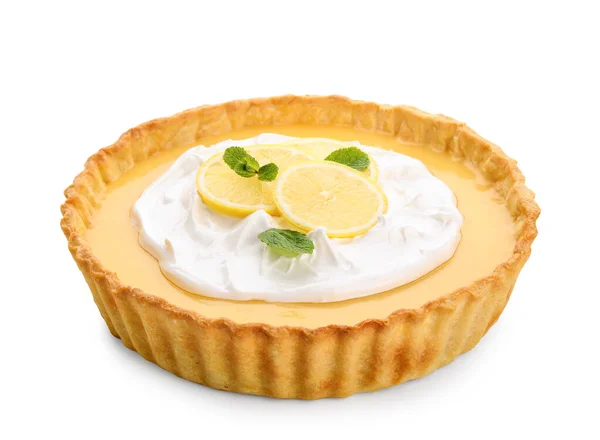 Delicious lemon tart on white background