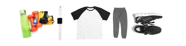 Collection Modern Sport Wear Equipment White Background — 图库照片